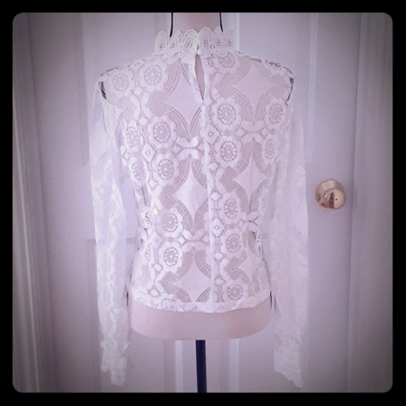 Boho Long Sleeve Stand Collar Lace Blouse White - Picture 7 of 8